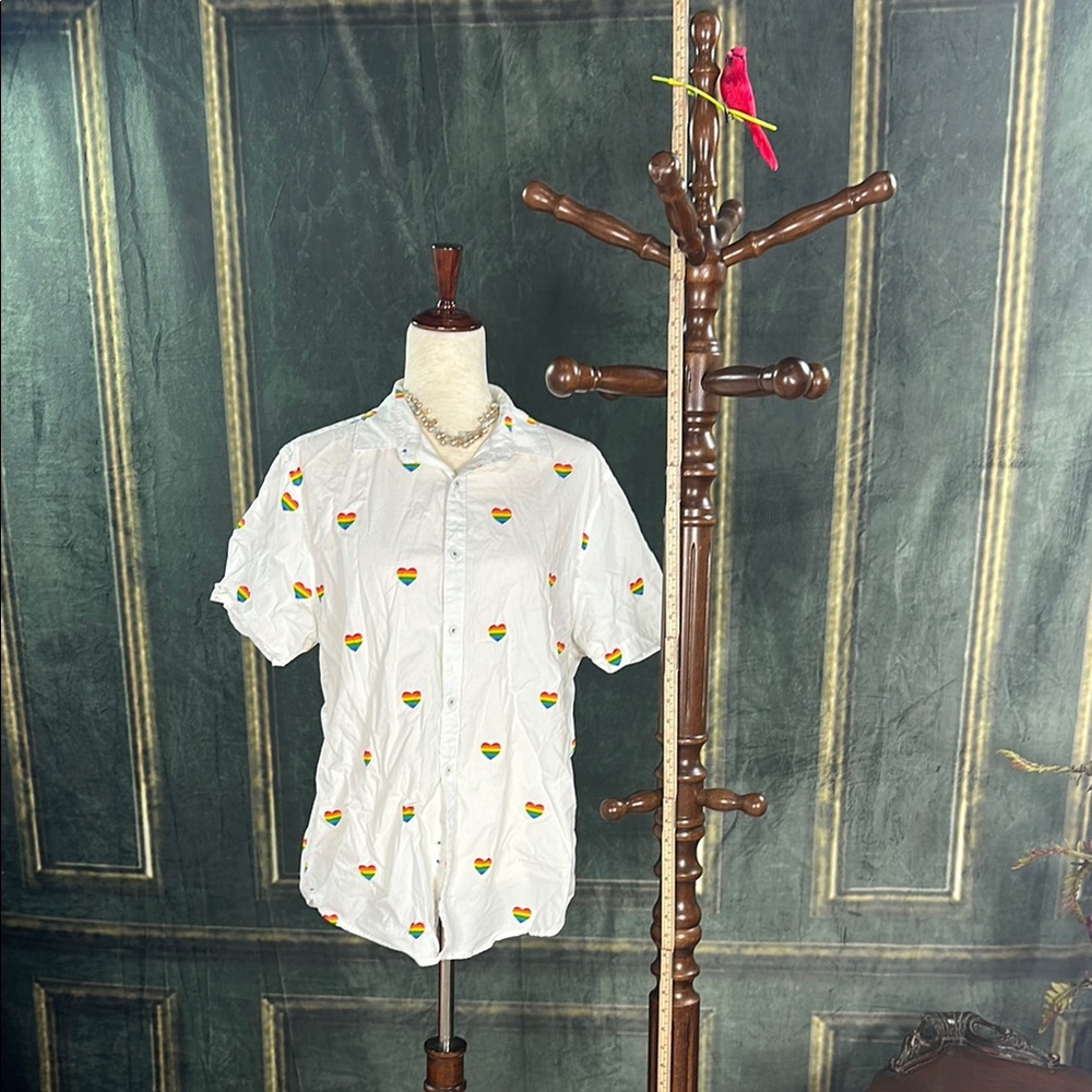 Denim & Flower White and Rainbow Hearts Casual Button Down 100%cotton Shirt